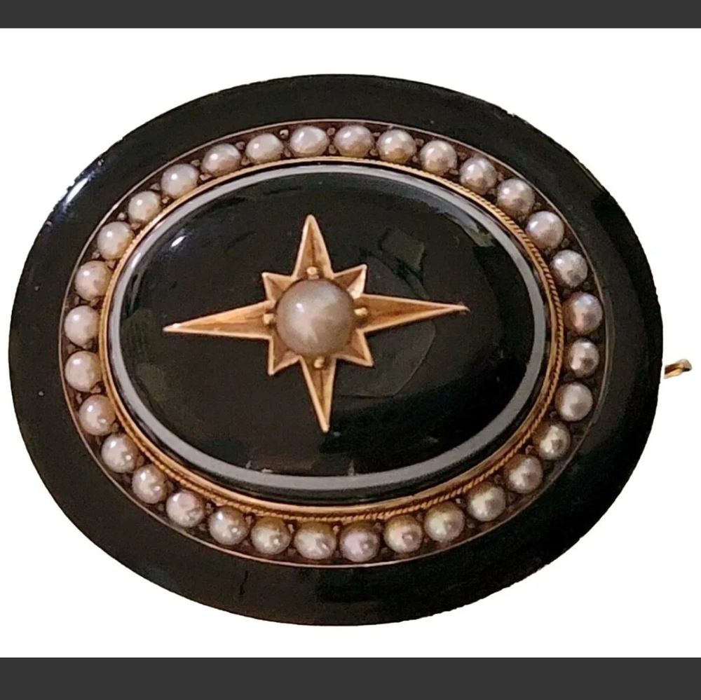 Antique Victorian 14k Gold Agate Pearl Star Locket Brooch-Mourning Locket 21.5g